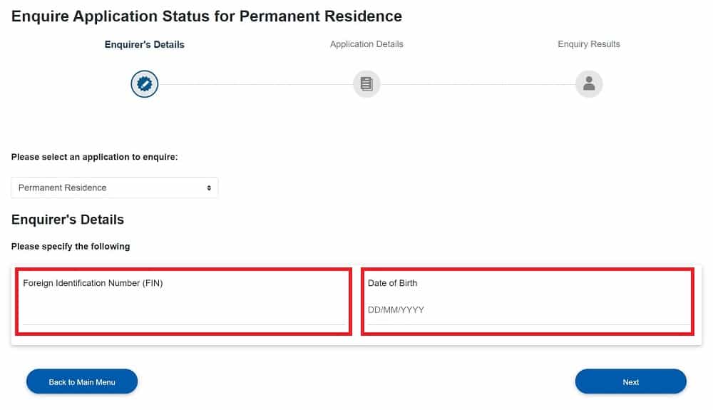 Input Your Fin and Date of Birth in Enquire Application Status